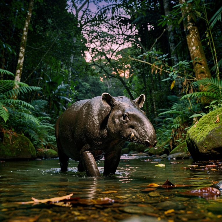 Tapir wading through a forest stream at dusk | ShopAyahuascaRetreats