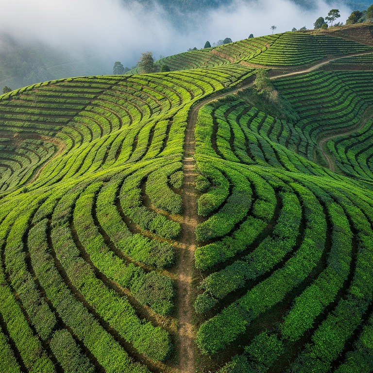 Tea plantation terraces with bright green new leaves, mounta... | ShopAyahuascaRetreats
