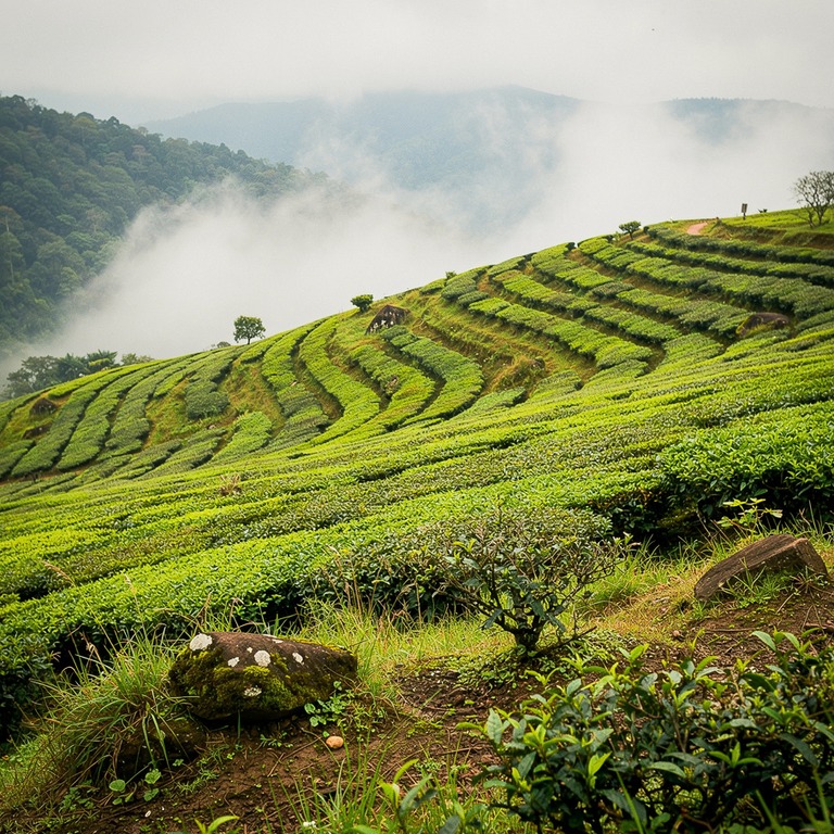 Tea plantation terraces with bright green new leaves, mounta... | ShopAyahuascaRetreats