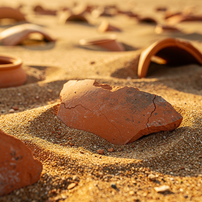Terracotta pottery fragments half-buried in sand | ShopAyahuascaRetreats