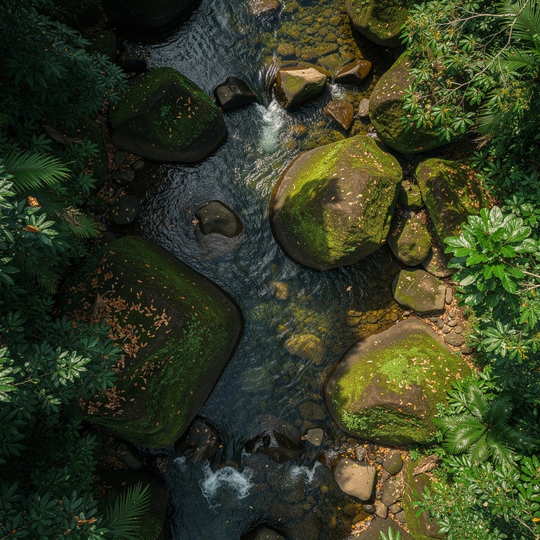 Tropical creek winding between moss-covered boulders, jungle... | ShopAyahuascaRetreats