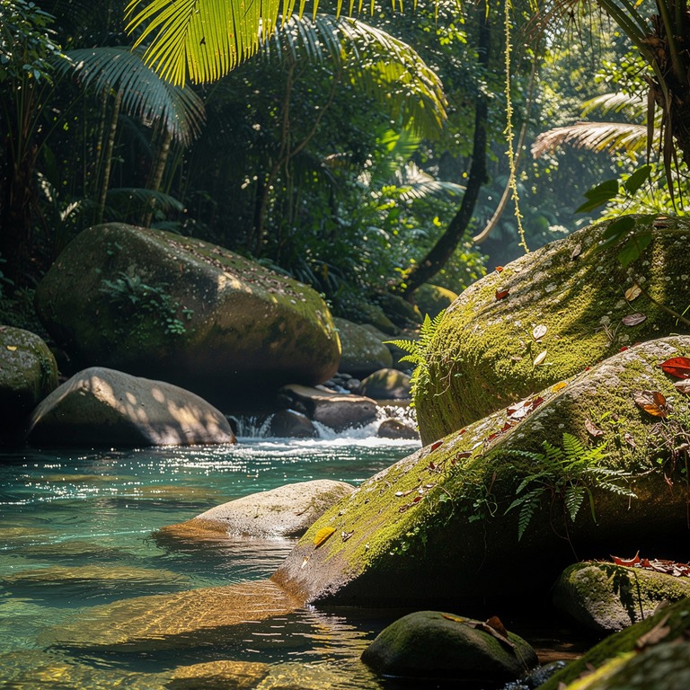 Tropical creek winding between moss-covered boulders, jungle... | ShopAyahuascaRetreats