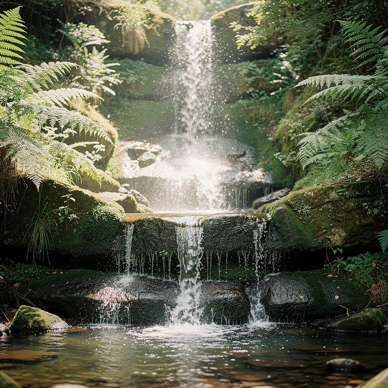 Waterfall cascading through ferns and moss-covered stones | ShopAyahuascaRetreats