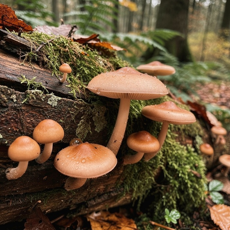 Wild mushrooms scattered on a mossy log, dappled forest ligh... | ShopAyahuascaRetreats