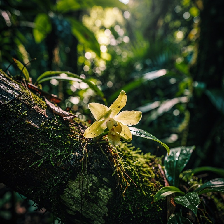 Wild orchid clinging to a moss-covered tree trunk, soft jung... | ShopAyahuascaRetreats