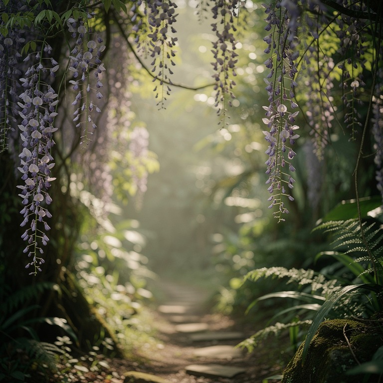 Wisteria vines hanging in heavy purple curtains over a jungl... | ShopAyahuascaRetreats