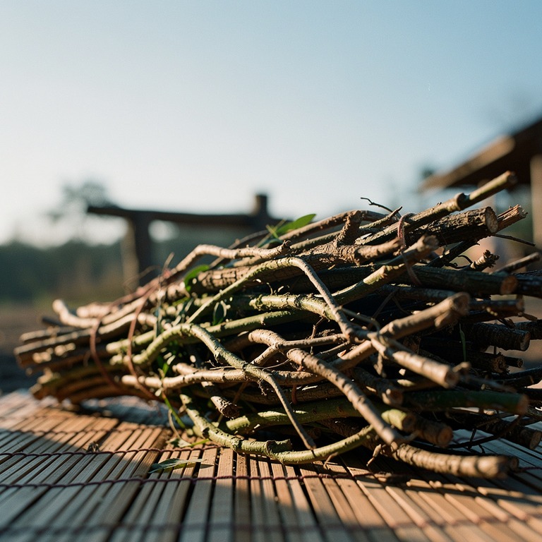 A bundle of Ayahuasca vines, carefully arranged on a woven b... | ShopAyahuascaRetreats