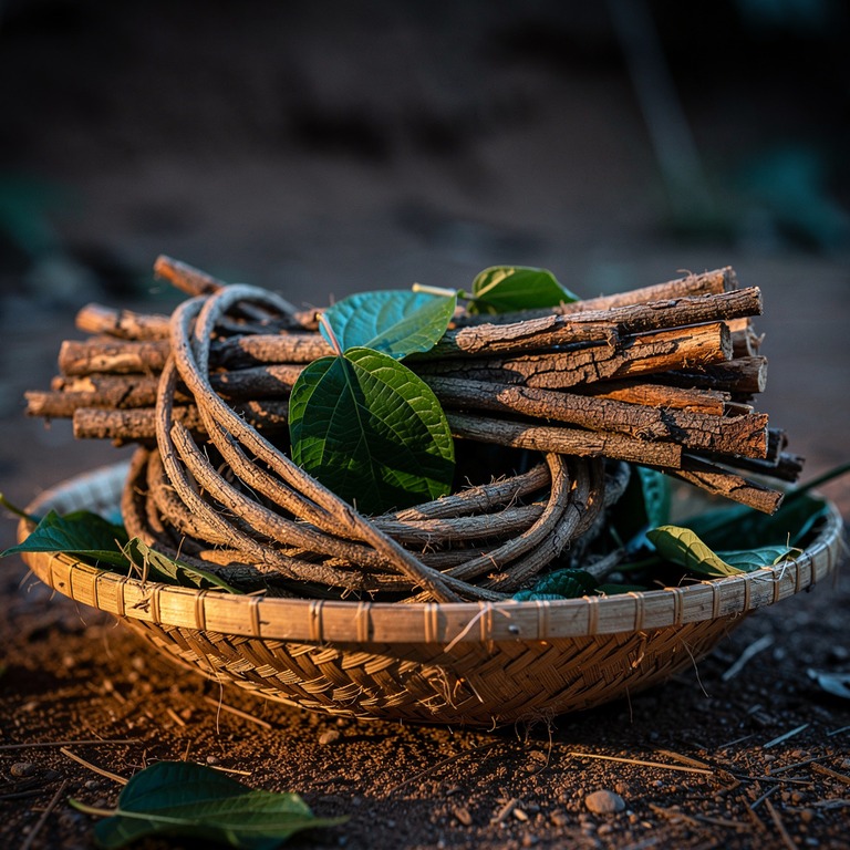 A bundle of dried ayahuasca vines and Chacruna leaves lies o... | ShopAyahuascaRetreats