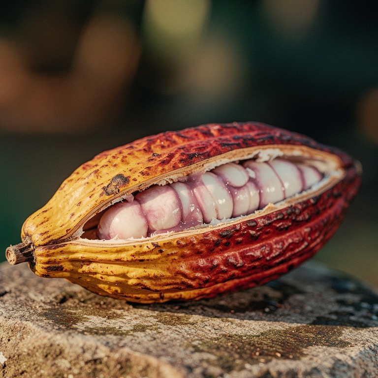A close-up of a cacao pod, split open to reveal its vibrant,... | ShopAyahuascaRetreats