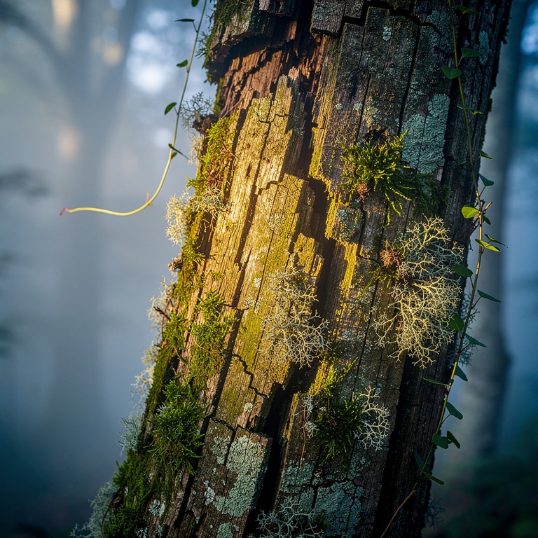 A close-up of a cracked and worn tree trunk, with moss and l... | ShopAyahuascaRetreats
