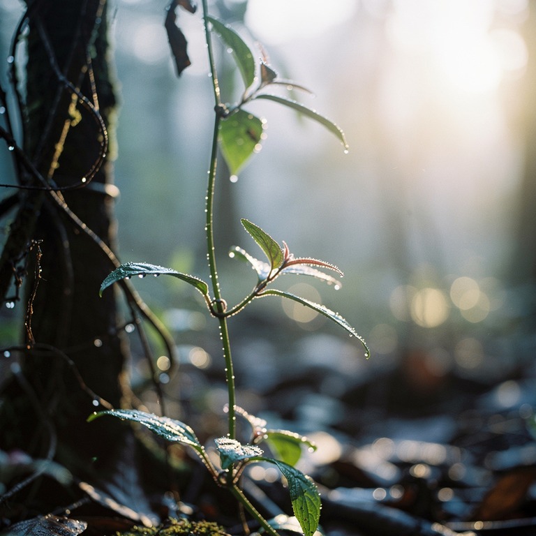 A close-up of a delicate, dew-covered ayahuasca vine, with t... | ShopAyahuascaRetreats