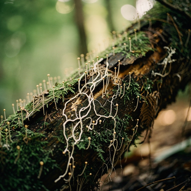 A close-up of mycelium growing on a moss-covered log, repres... | ShopAyahuascaRetreats