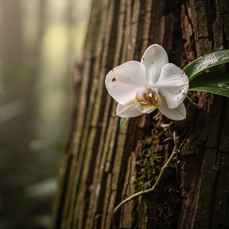 A delicate, exotic orchid blooming on the gnarled bark of an... | ShopAyahuascaRetreats