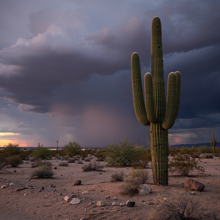 A desert landscape at dusk, with a single, towering saguaro ... | ShopAyahuascaRetreats