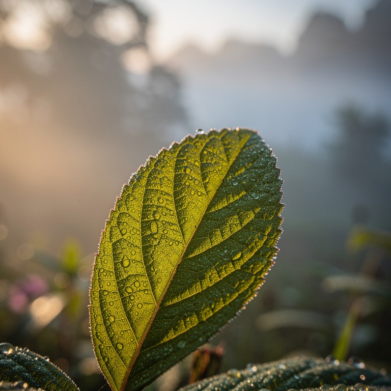 A detailed, macro photograph of a single, dew-kissed leaf fr... | ShopAyahuascaRetreats