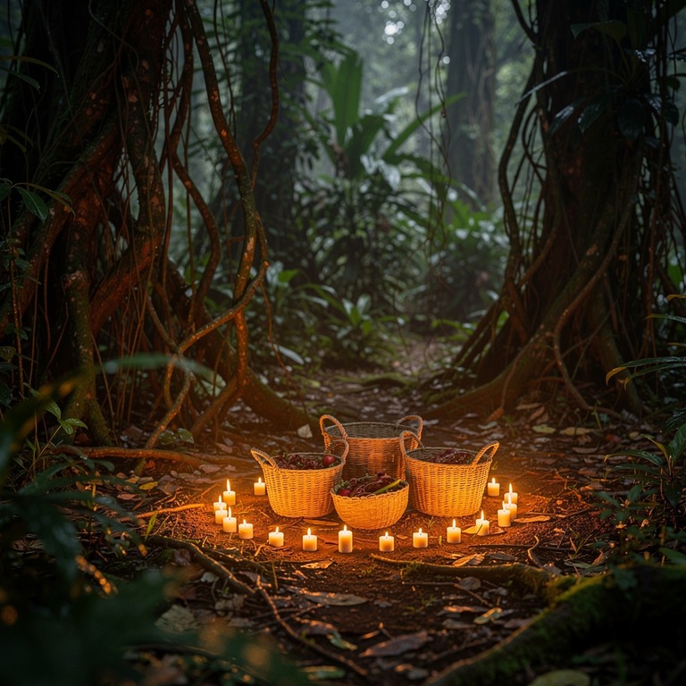 A dimly lit jungle clearing at dusk with a ring of candles a... | ShopAyahuascaRetreats