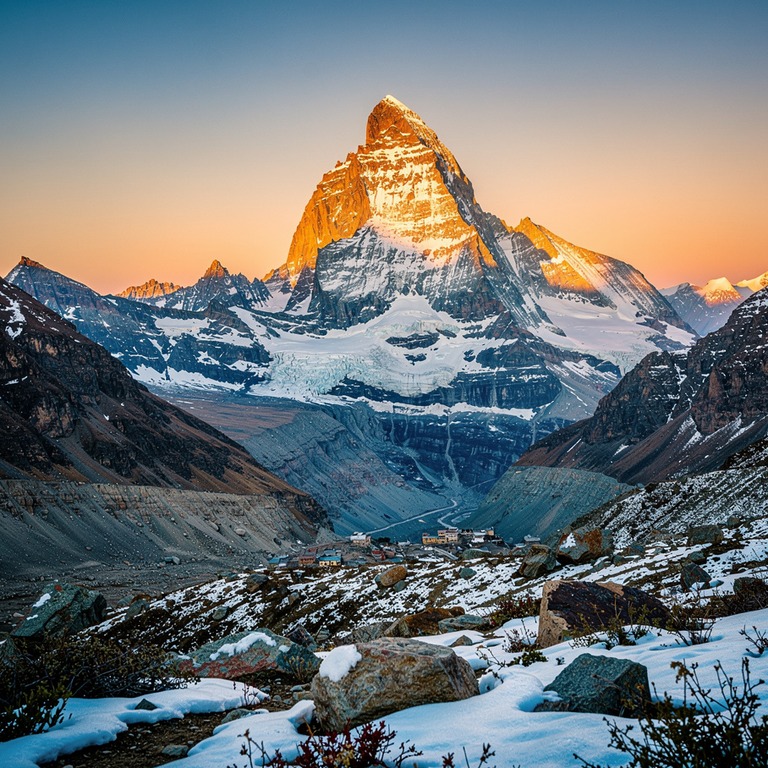 A dramatic, snow-capped mountain peak at dawn, with the firs... | ShopAyahuascaRetreats