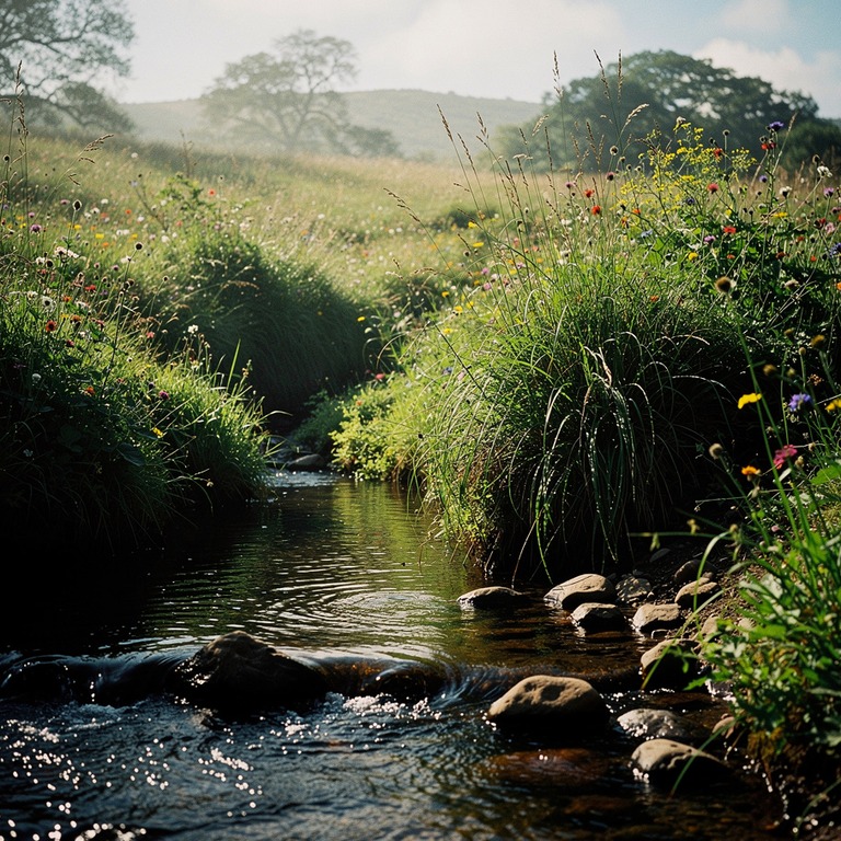 A gentle stream meanders through a lush meadow, its soft rip... | ShopAyahuascaRetreats