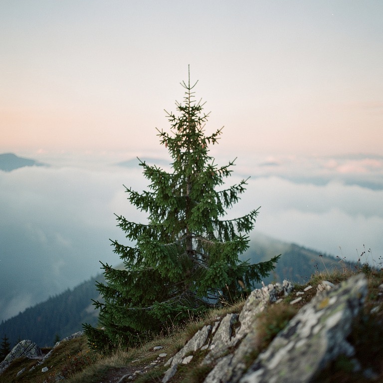 A lone fir tree stands tall on a misty mountain ridge at daw... | ShopAyahuascaRetreats