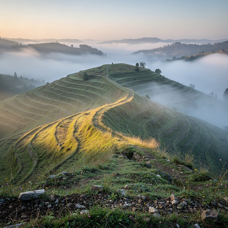 A lone terraced hillside at dawn, with misty valleys below a... | ShopAyahuascaRetreats