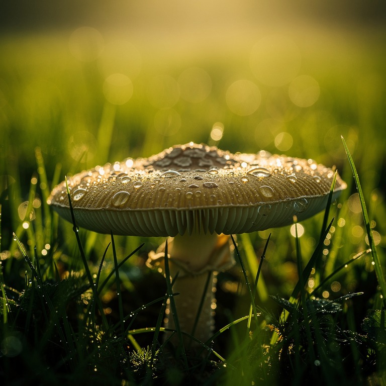 A macro shot of a single, dewy psilocybin mushroom cap in a ... | ShopAyahuascaRetreats