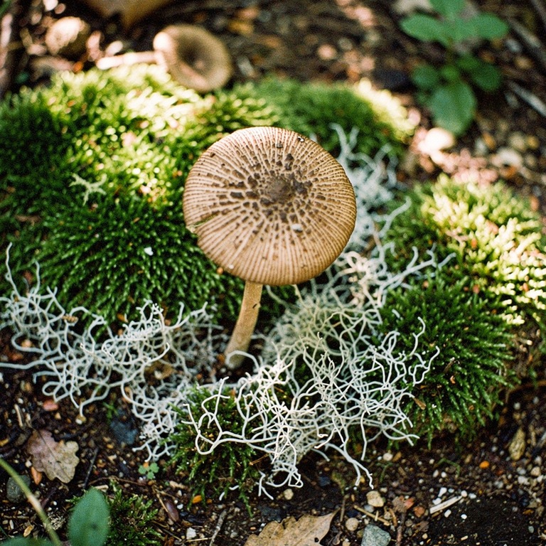 A macro view of a psilocybin mushroom growing in a bed of mo... | ShopAyahuascaRetreats