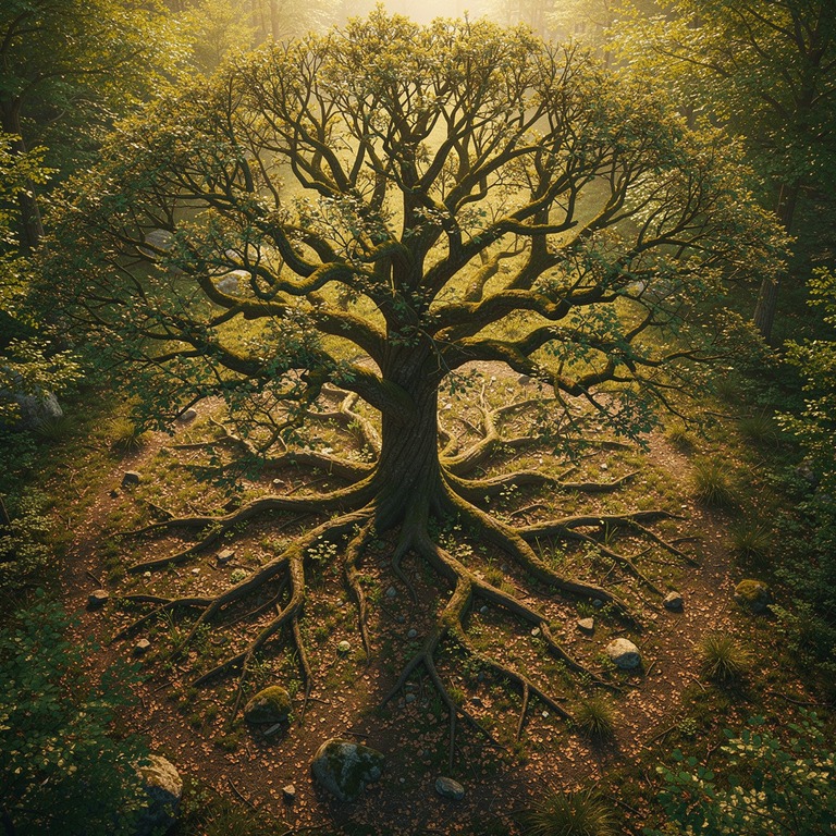 A majestic, ancient tree with gnarled branches and roots, st... | ShopAyahuascaRetreats