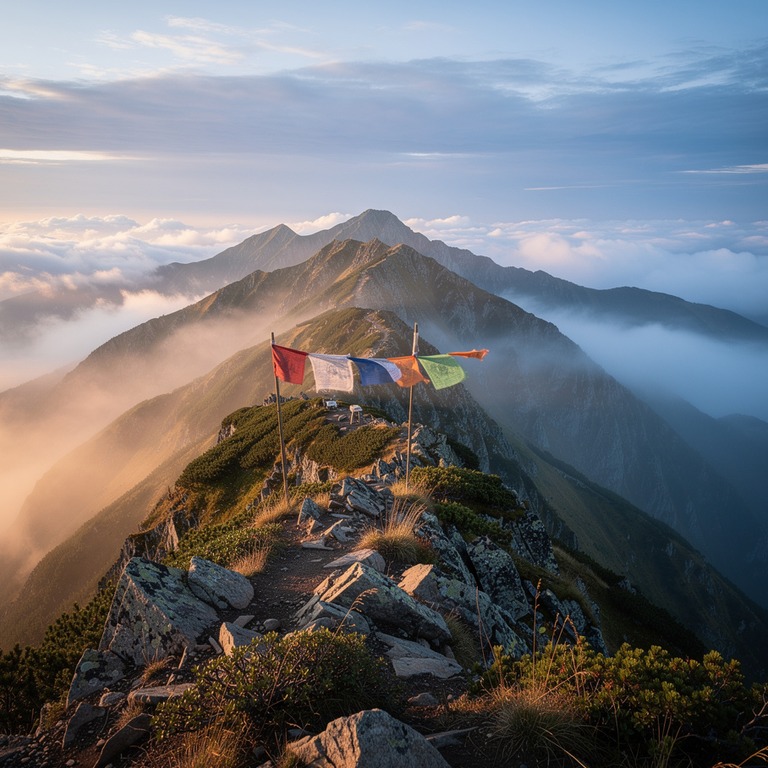 A misty mountain ridge at dawn, with a few prayer flags wavi... | ShopAyahuascaRetreats