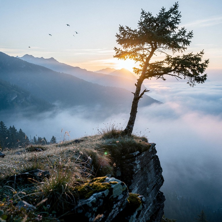 A misty mountain valley at dawn, with a lone tree standing a... | ShopAyahuascaRetreats