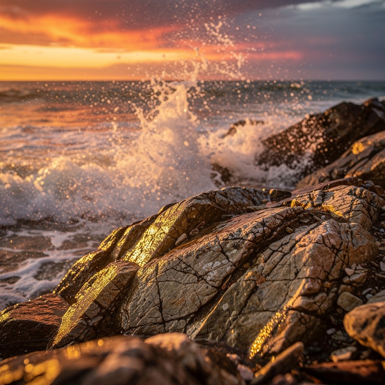 A rugged, rocky shoreline at sunset, with waves crashing aga... | ShopAyahuascaRetreats