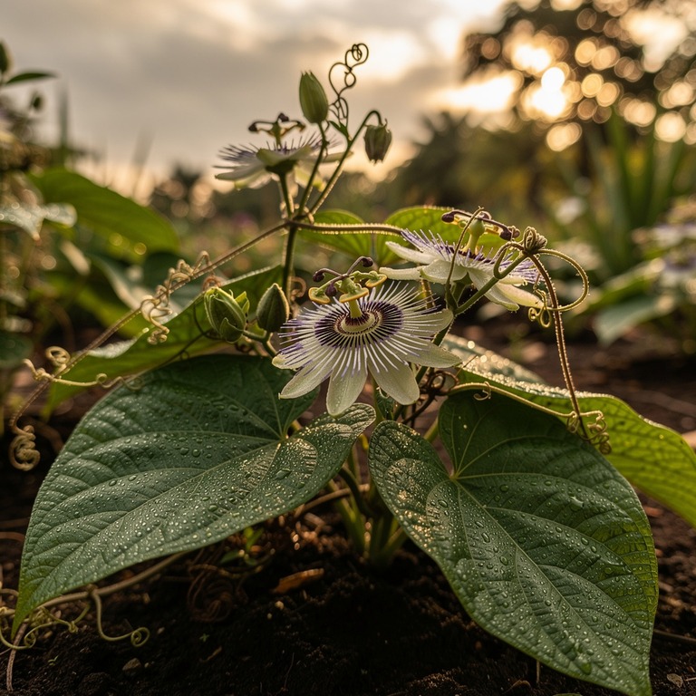 A serene botanical garden at dawn, with a variety of medicin... | ShopAyahuascaRetreats