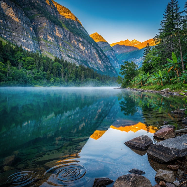 A serene mountain lake at dawn, reflecting the surrounding c... | ShopAyahuascaRetreats