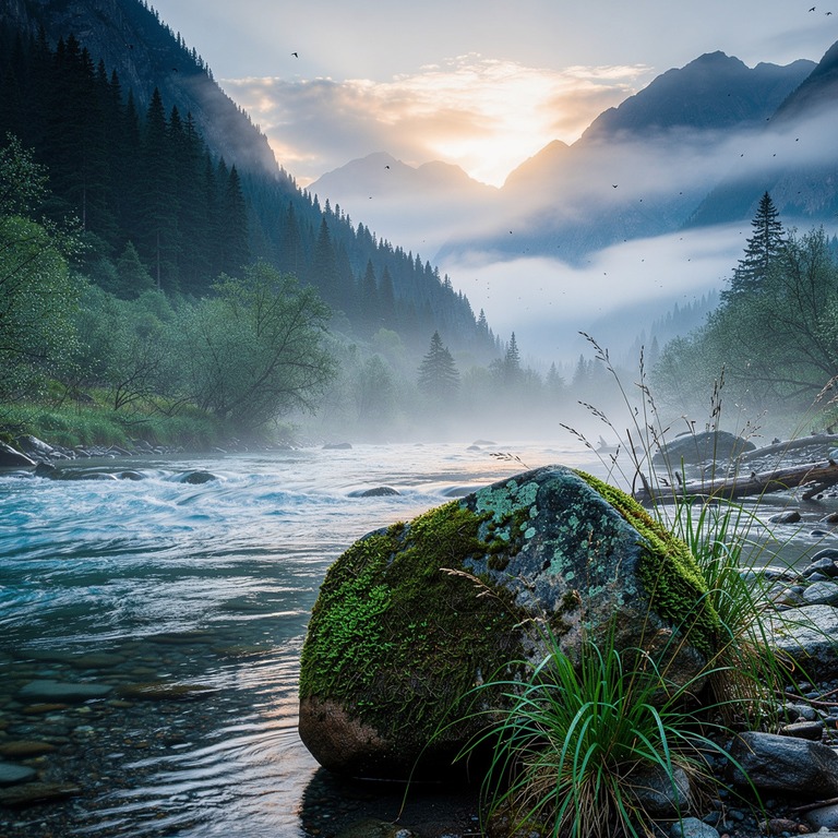 A serene mountain valley at dawn with a gentle mist, symboli... | ShopAyahuascaRetreats