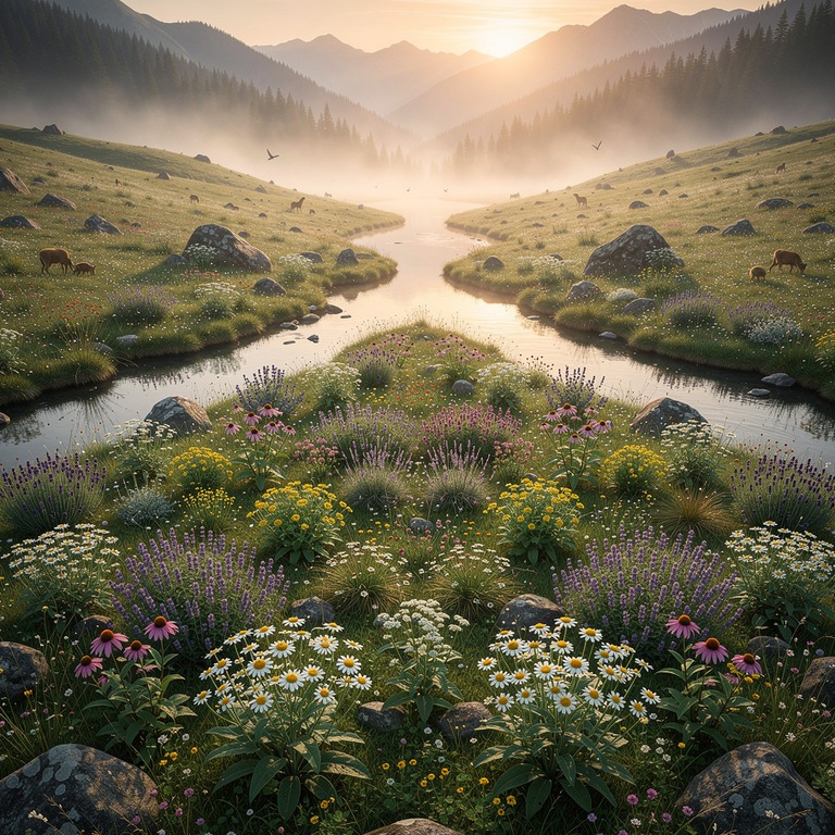 A serene mountain valley at dawn, with misty fog lifting to ... | ShopAyahuascaRetreats