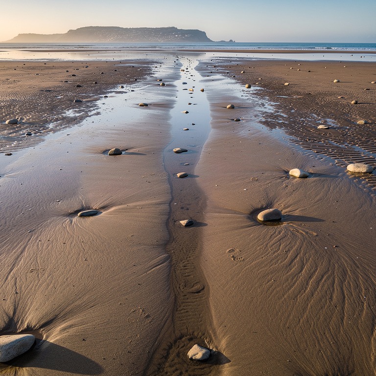 A serene, sandy shore at low tide, with a few scattered beac... | ShopAyahuascaRetreats