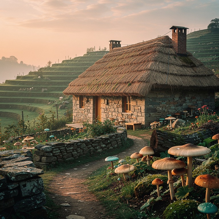 A serene stone cottage nestled among terraced hillsides at d... | ShopAyahuascaRetreats