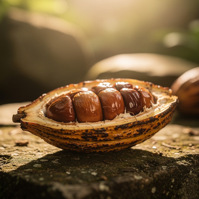 A single cacao pod lying open on a stone surface, revealing ... | ShopAyahuascaRetreats