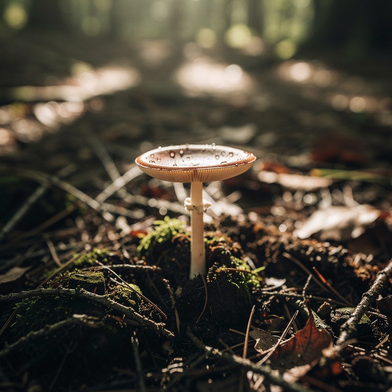 A single, delicate psilocybin mushroom growing out of the fo... | ShopAyahuascaRetreats