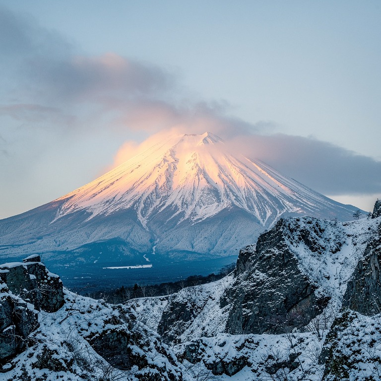 A solitary volcano stands at dawn, its snow-capped peak illu... | ShopAyahuascaRetreats
