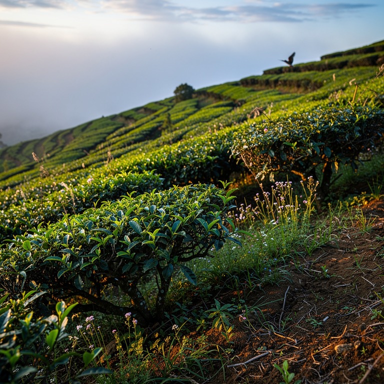 A terraced hillside with lush green tea plants, representing... | ShopAyahuascaRetreats