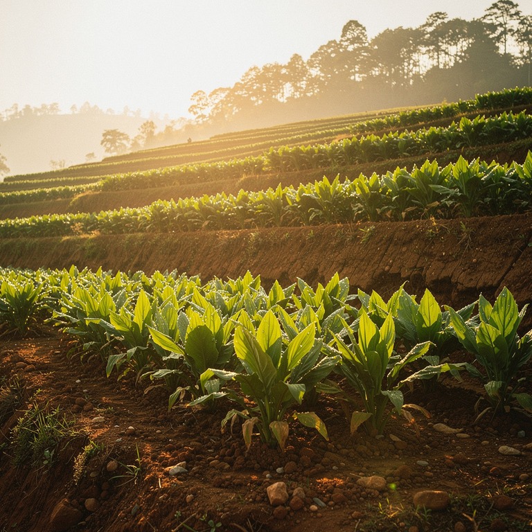 A terraced hillside with rows of turmeric plants basking in ... | ShopAyahuascaRetreats