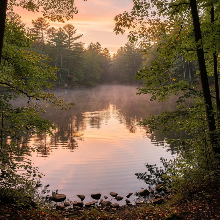 A tranquil lake at sunrise, its calm waters reflecting the v... | ShopAyahuascaRetreats