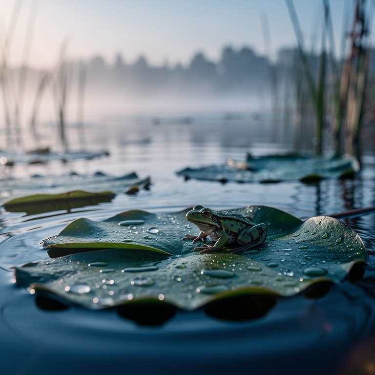 A tranquil lake at sunrise with a few water lilies and a sol... | ShopAyahuascaRetreats