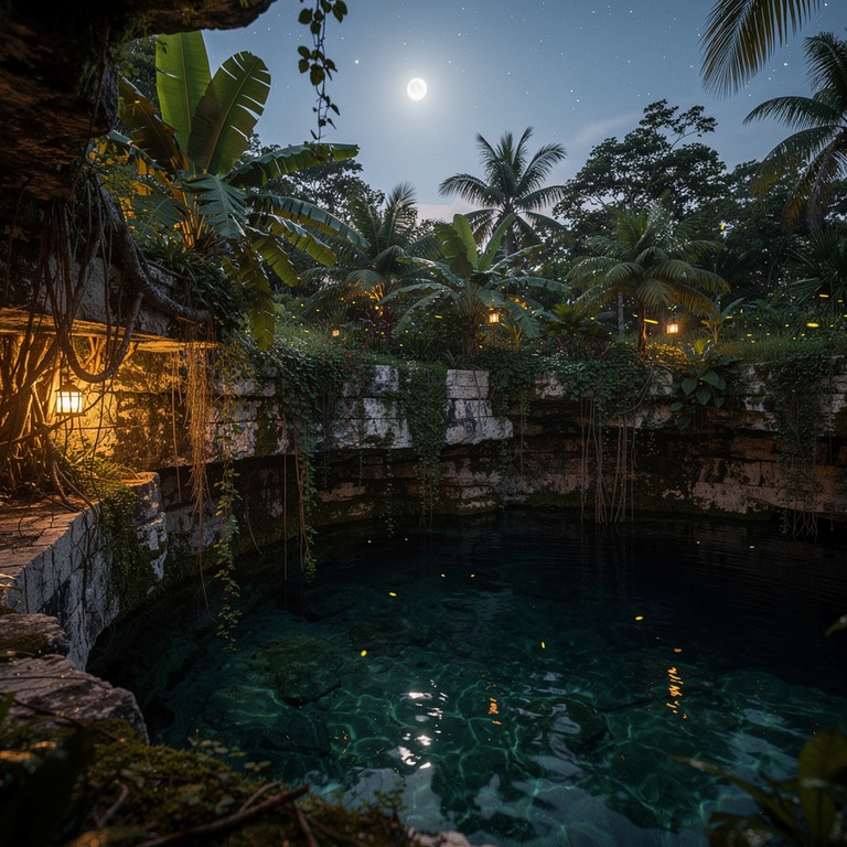 A tranquil, moonlit cenote, its calm waters reflecting the s... | ShopAyahuascaRetreats