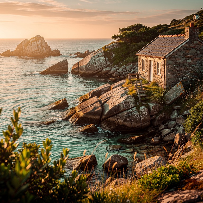 A tranquil ocean cove with a small stone cottage nestled amo... | ShopAyahuascaRetreats