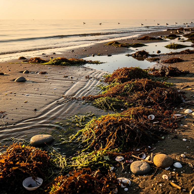 A tranquil, sandy shoreline at low tide reveals an array of ... | ShopAyahuascaRetreats