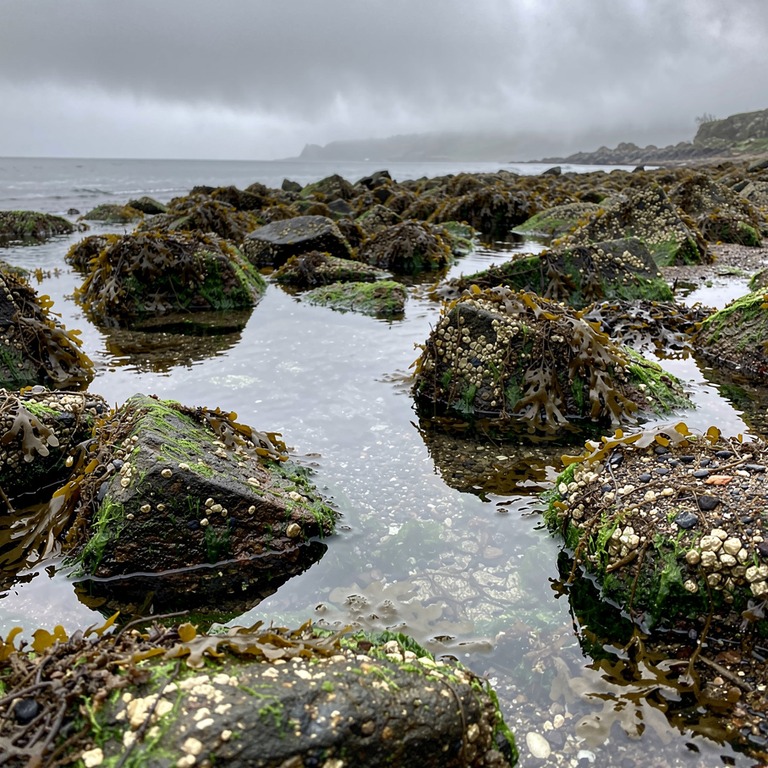 A worn, rocky shoreline at low tide, with seaweed-covered st... | ShopAyahuascaRetreats