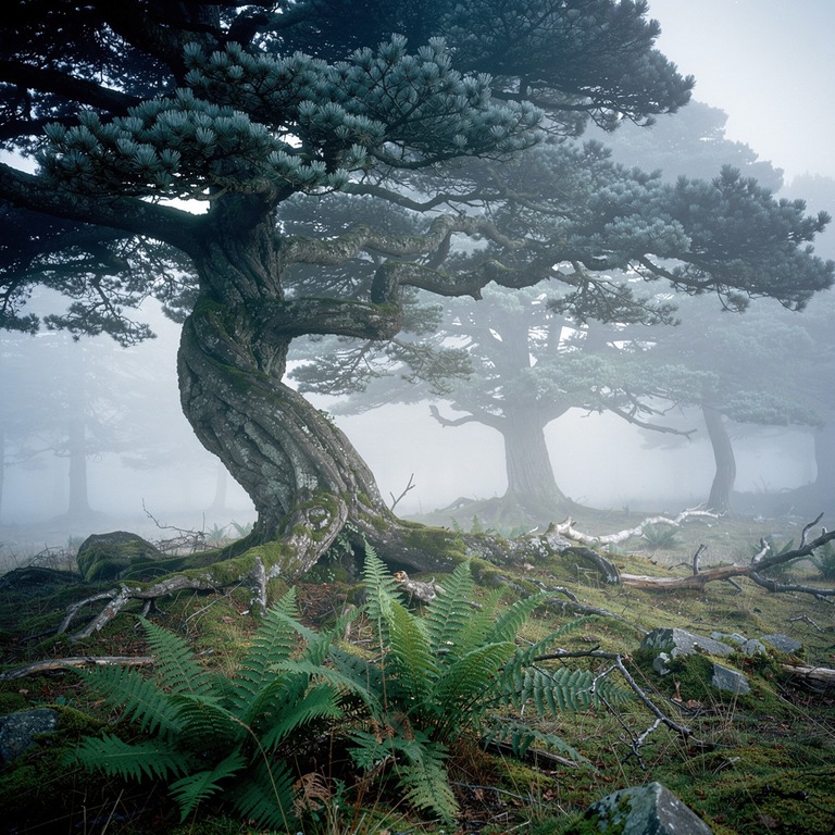 Ancient yew tree with twisting trunk, ferns at its base | ShopAyahuascaRetreats