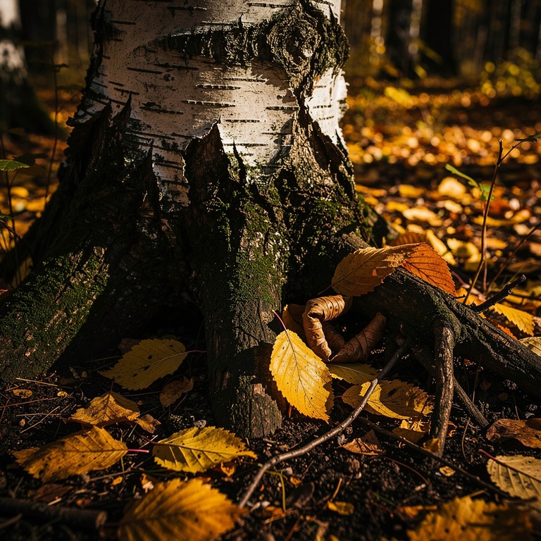 Autumn birch forest, golden leaves on a dark forest floor | ShopAyahuascaRetreats