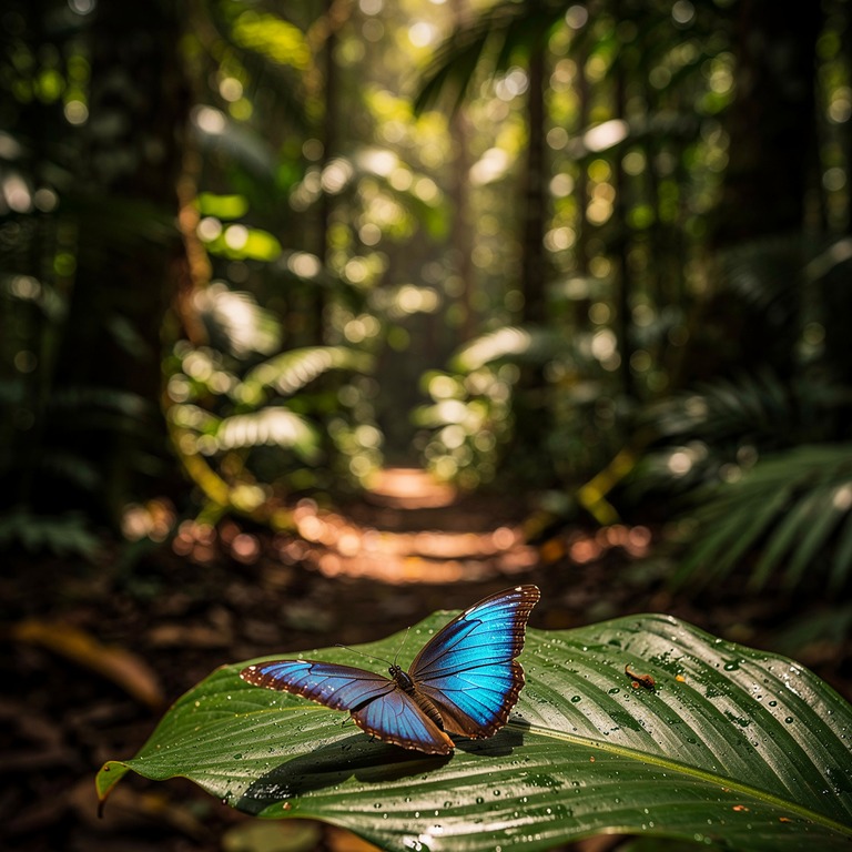Blue morpho butterfly on a broad green leaf, shallow focus | ShopAyahuascaRetreats